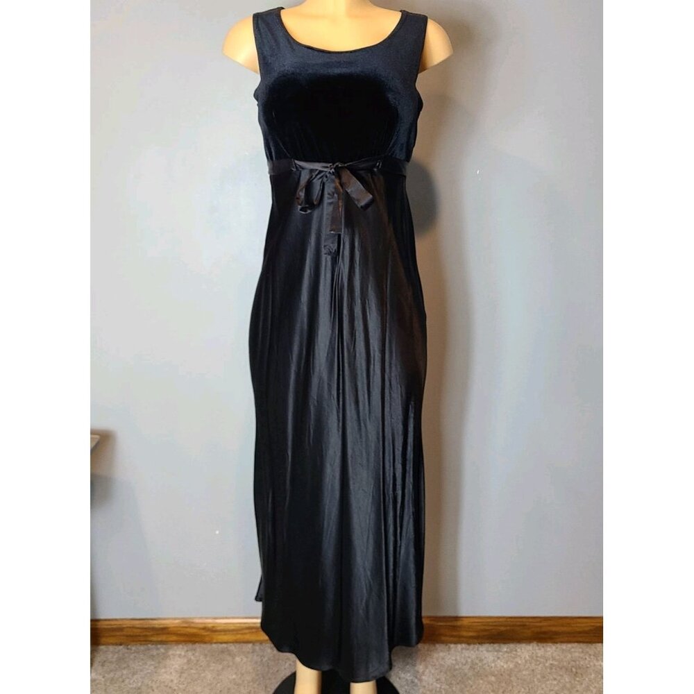 Vtg Velvet Maxi Dress Women Sz 10 Black Bow Whimsigoth‎ Silky 90s Y2K Prom Fairy